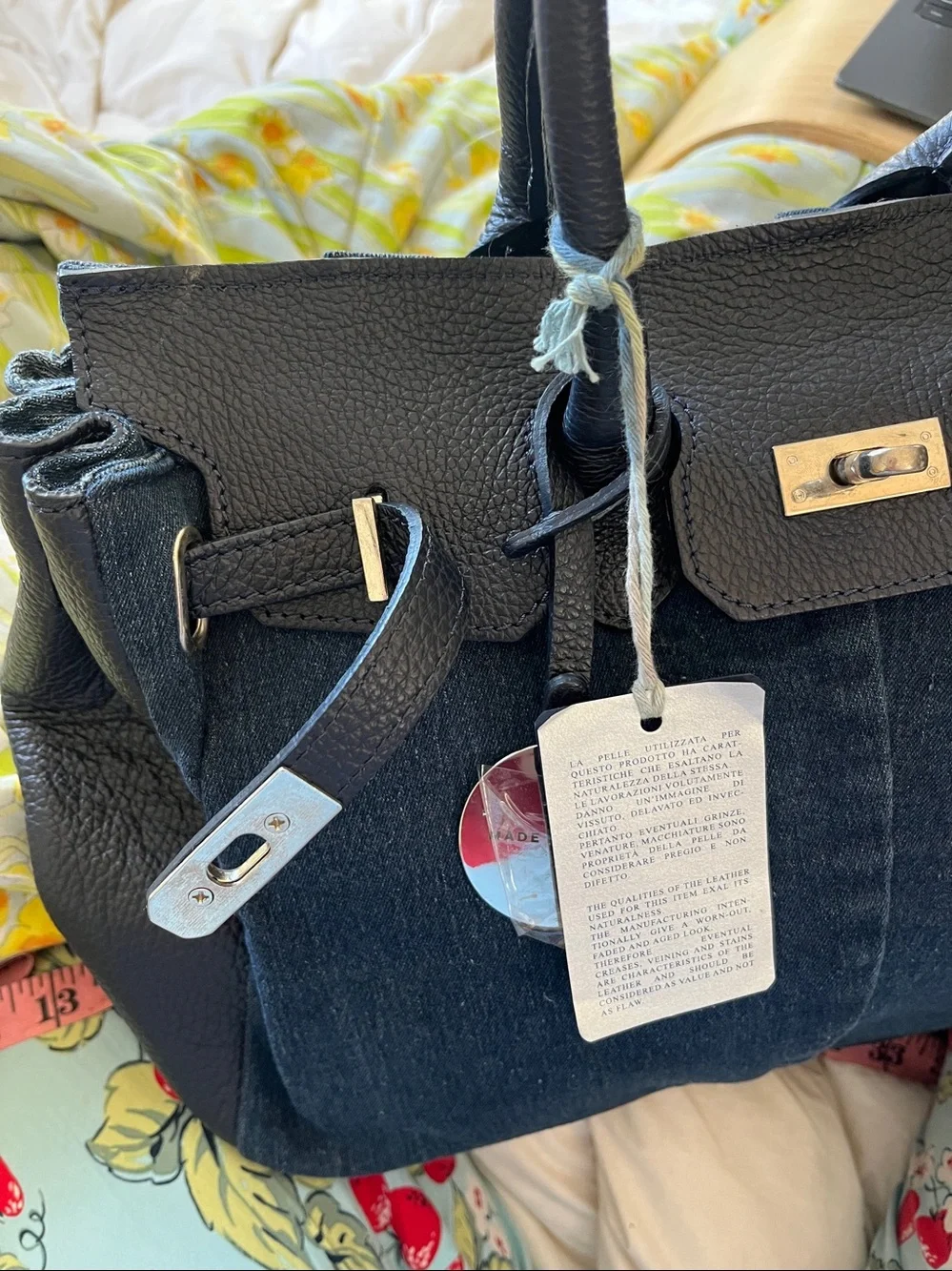 Bevini Modena Leather & Denim Satchel Bag - Made in Italy (NWT)